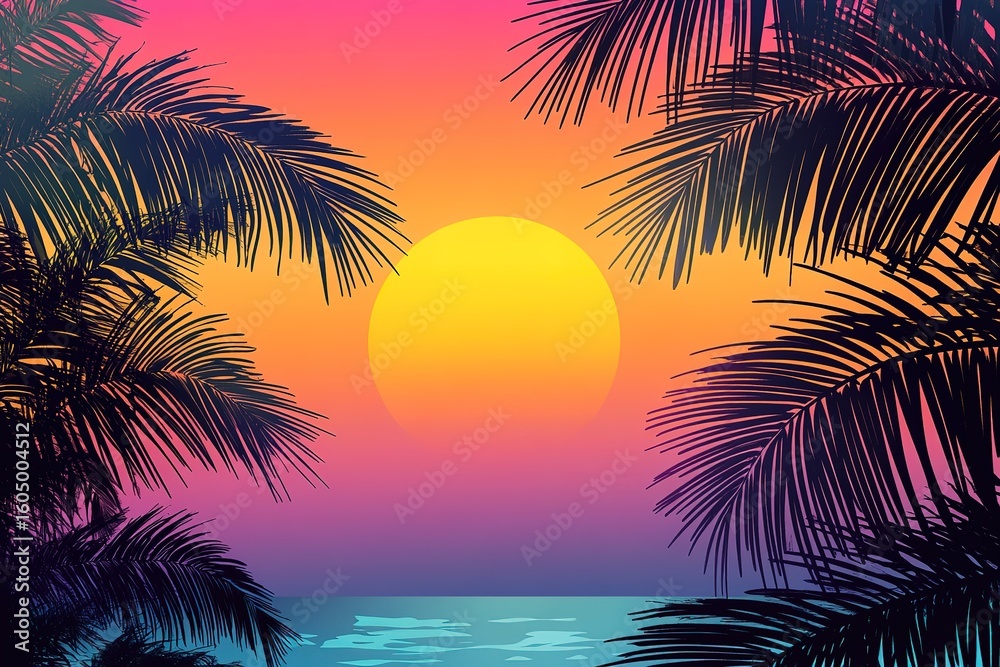Naklejka premium Tropical plants and leaves in sunset background vector illustration with gradient color, 80s style, flat design, bright colors, retro, geometric shapes, digital art, vector graphic.