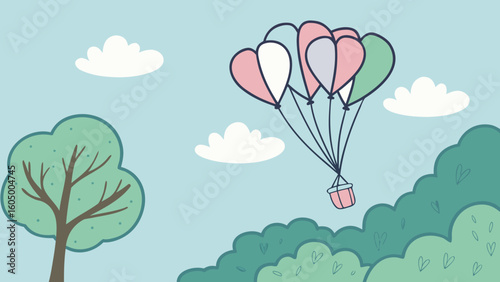 Cartoon illustration of heart shaped balloons flying over trees and clouds in a light blue sky
