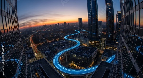 Elevated city streets illuminated at dawn.