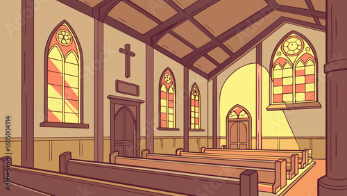 Illustration of the interior of a church with pews stained glass windows and a cross on the wall