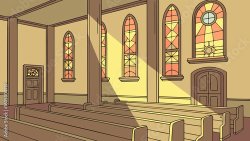 Illustration of a church interior with stained glass windows and rows of empty wooden pews inside the hall