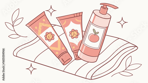 Illustration of three cosmetic tubes and a pump bottle on a striped towel with floral accents