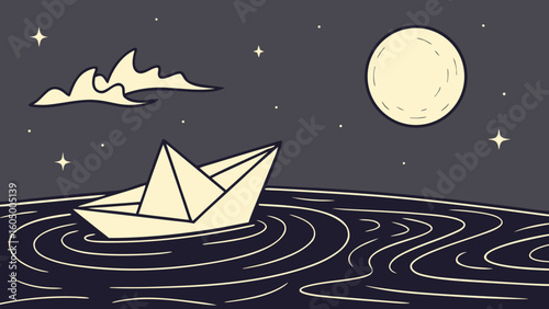 Paper boat floating on water under the moonlight with stars and a cloud in the night sky scene