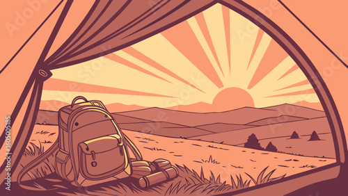 View from inside a tent with a backpack and sunrise over hills in a camping scene illustration