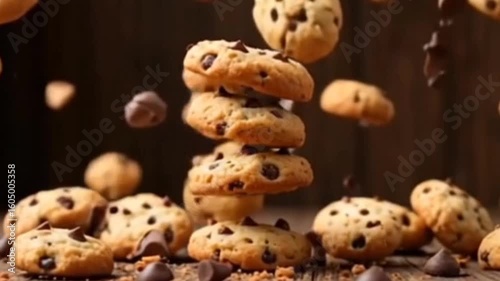 Floating Chocolate Chip Cookies Landing on Rustic Wooden Table,Dynamic Scene of Chocolate Chip Biscuits in Mid air,   generative ai
