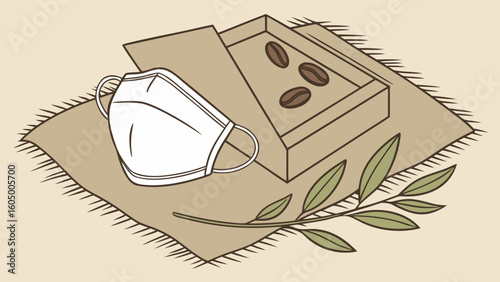 Still life with mask, coffee beans in a box, and a leafy branch on a burlap sack background art