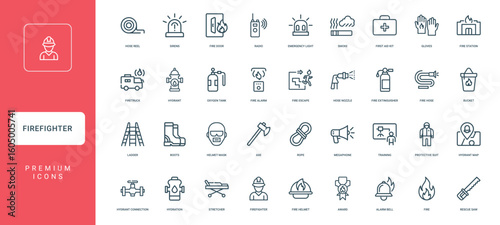 firefighter tools equipment scenarios firefighting, hydrant tank alarm escape oxygen fire, minimal thin line web outline icons collection, simple vector illustration