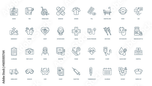 nurse healthcare nursing medical signs, clipboard medicine aid kit, minimal thin line web outline icons collection, simple vector illustration