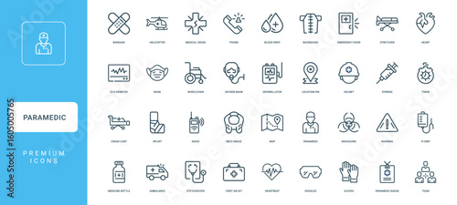 paramedic tools equipment symbols emergency medical services, bandage cross helicopter, minimal thin line web outline icons collection, simple vector illustration