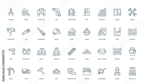 tools equipment elements associated construction building work, work gloves ladder drill, minimal thin line web outline icons collection, simple vector illustration