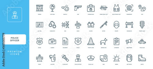police officer law enforcement work criminal justice system, shield traffic patrol legal, minimal thin line web outline icons collection, simple vector illustration