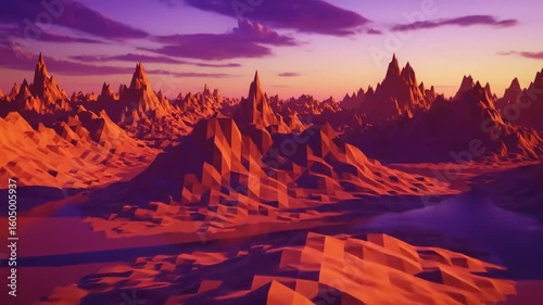 Colorful, polygonal landscape at sunset