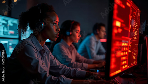 Cybersecurity analysts, a mixed team of African, Asian, and Caucasian descent, in a dark operations room during a cyber attack simulation, screens flashing red alerts and complex code, wearing headset