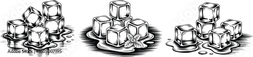 Melting Ice Cube Vector Set, Black and White Hand Drawn Illustrations.