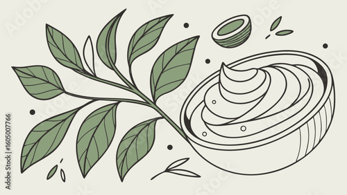 Organic skincare cream natural beauty product with green leaves and coconut for healthy skin treatment