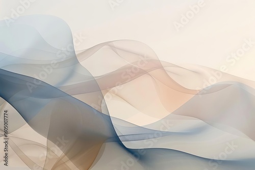 Abstract image featuring layered, translucent waves of blue, brown, and beige hues against a light, creamy background.