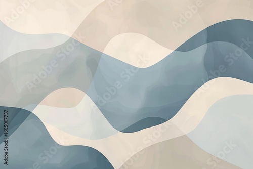 Abstract layered shapes, varying in blues and beiges, create a soft, flowing composition with overlapping and transparent effects.