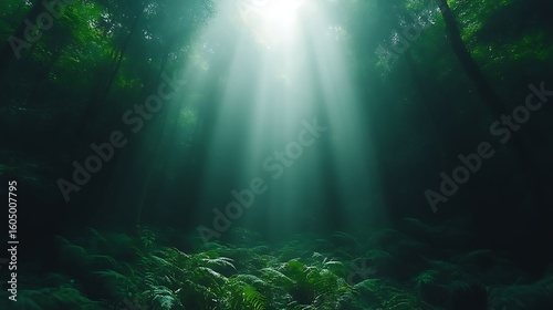 Sunlight piercing a dark, lush forest