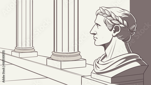 Roman bust sculpture with laurel wreath and classical architecture drawing illustration vector design