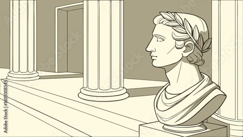 Illustration of roman bust sculpture with laurel wreath and classical architecture background design vector