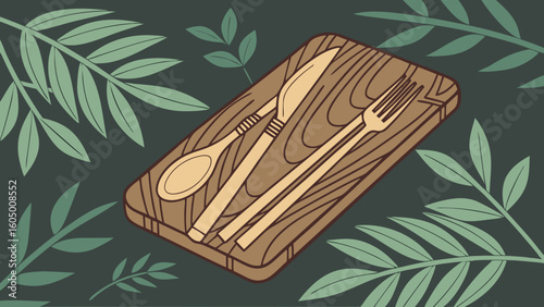 Wooden kitchenware flatware cutting board with leaves aesthetic illustration stock vector image design