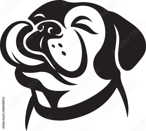Dog head silhouette licking lips design, Playful pet face vector black and white