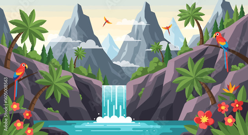 Magical forest waterfall fantasy nature illustration with crystalline lotus