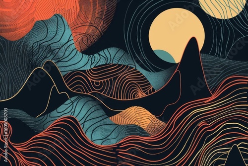 Abstract landscape featuring stylized mountains, circles, and wavy lines in shades of orange, blue, yellow, and black on a dark background.