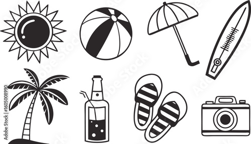 Summer Beach Vacation Icon Set – Palm, Umbrella, Bikini, Sun Hat, Drink, Ball