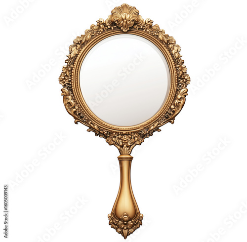 Ornate golden handheld mirror isolated against a transparent background reflecting elegance