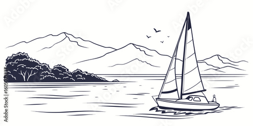 Vector scene of a lake with a sailboat and minimalist mountain backdrop.