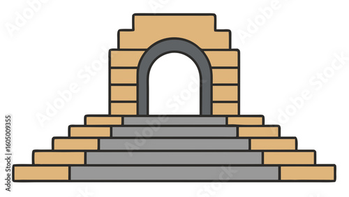 Stylized pyramid structure with stair steps and arched entrance  