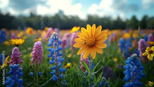 Vibrant wildflower meadow with yellow and purple flowers under a bright blue sky