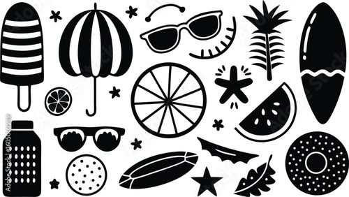 Summer Beach Vacation Icon Set – Palm, Umbrella, Bikini, Sun Hat, Drink, Ball