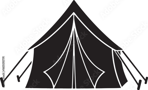 Silhouette of a pitched camping tent with extended poles and ropes