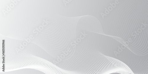 White abstract background with glowing wave. Halftone dots design background. Shiny moving lines design element. Modern blue gradient flowing wave lines. Technology concept.