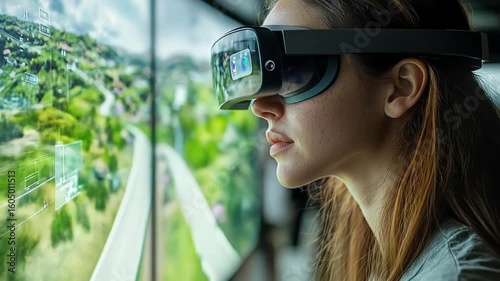 Woman using advanced virtual reality headset, immersed in a digital landscape, vibrant visuals