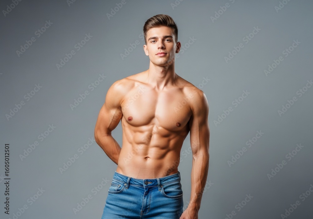 Fototapeta premium Muscular man shirtless in jeans poses against a gray background