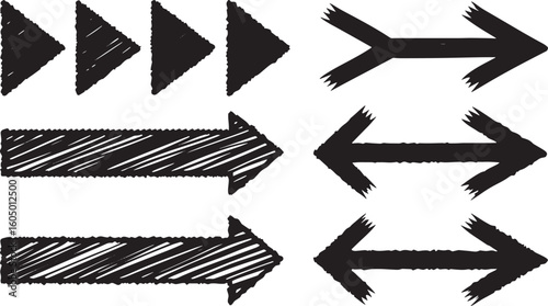 Black ink hand drawn arrow doodles direction forward