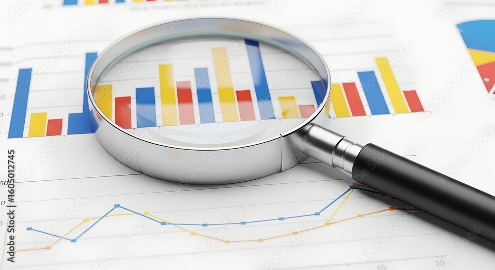 Obraz premium Business analysis, magnifying glass, colorful charts, graphs, financial data