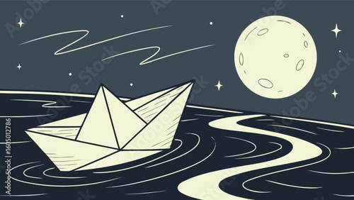 Paper boat sailing on water under a full moon and starry night in a simple cartoon style drawing
