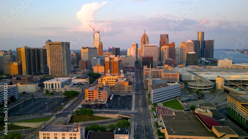 Aerial view of Detroit downtown famous buildings under evening sunlight. Second biggest metropolitan area in American mid west.