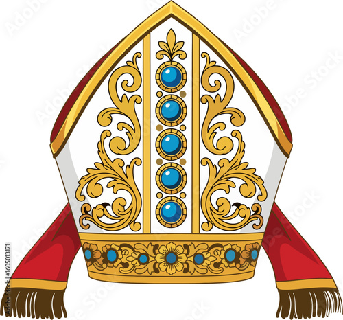 Cartoon Bishop Mitre – Ornate Catholic Headdress with Blue Gems, Gold Embroidery, and Red Lappets