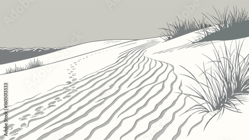 Illustration of a sandy dune landscape with grass and footprints under a gray sky at daytime