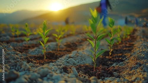 Young green plants growing in rows on fertile soil during sunset with a blurred background