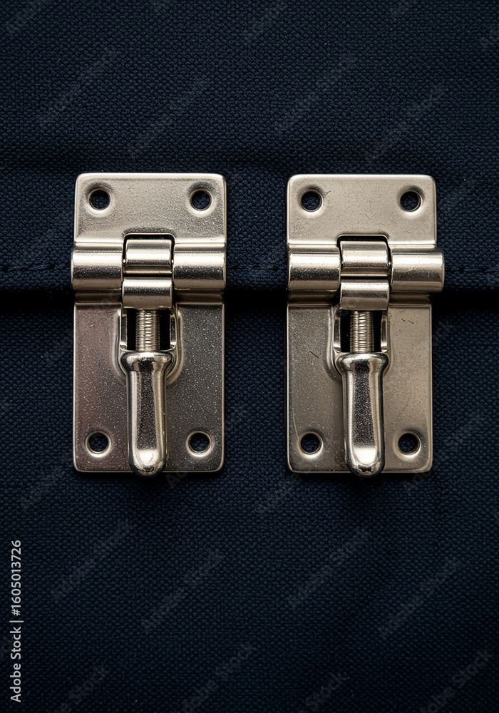Fototapeta premium Two shiny metal latches on a dark blue textured background