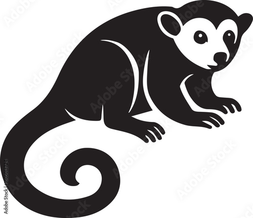Kinkajou with white accents silhouette design, Unique primate in black and white art