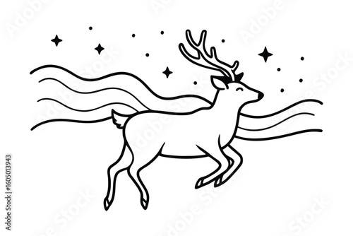 Reindeer Flying Through Aurora Sky