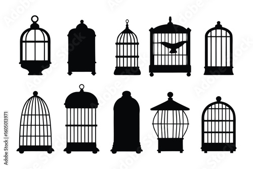 Collection of diverse vintage and ornate bird cages silhouettes displayed against a white background