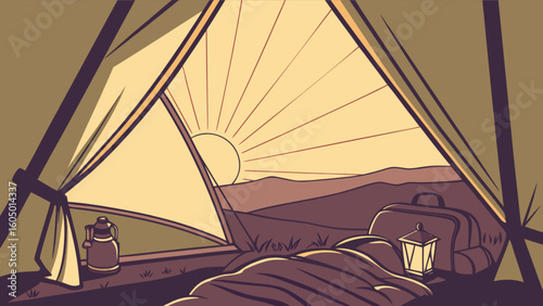 View from inside a tent with a sunrise over mountains, a lantern, and a thermos bottle inside tent
